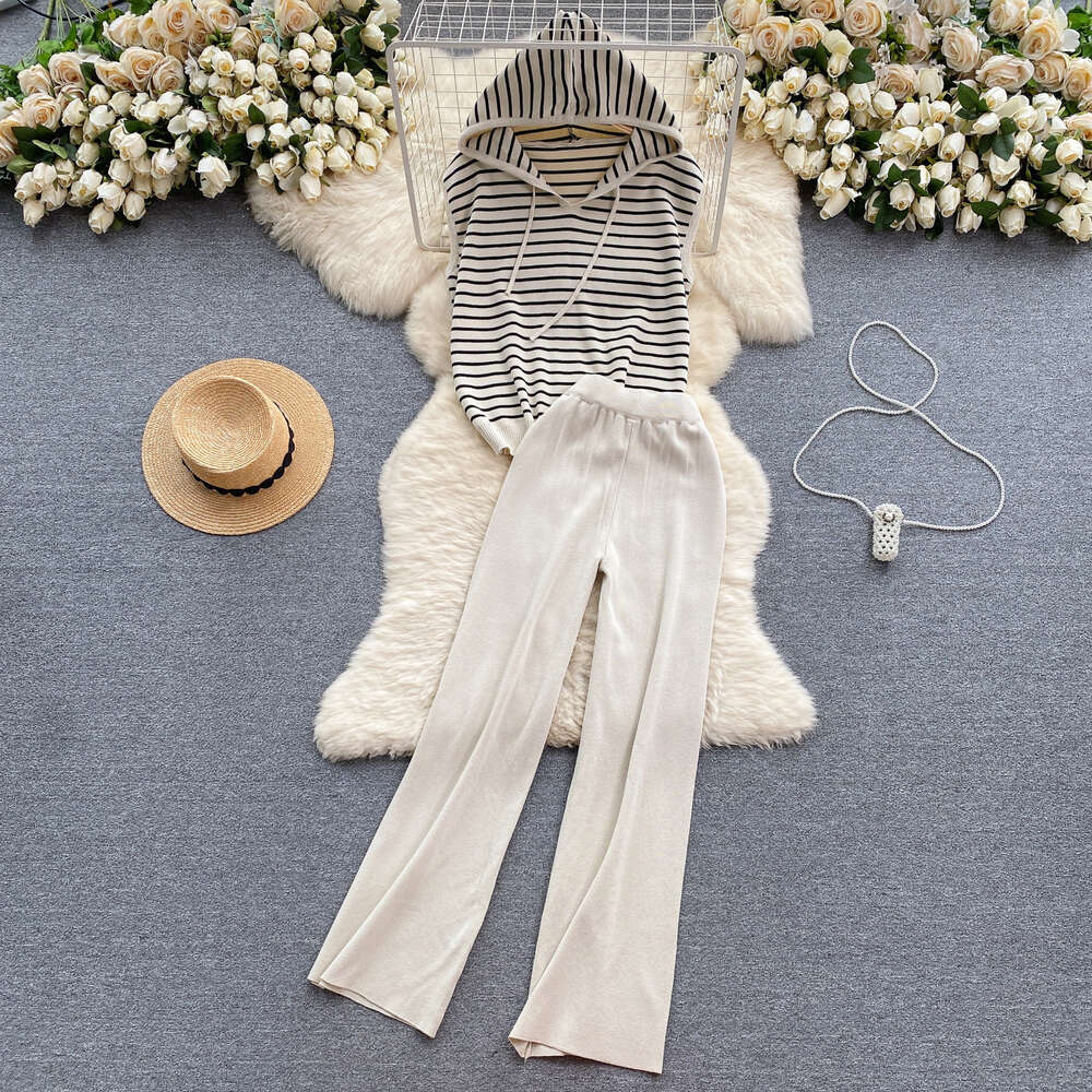 Korean casual outfit womens striped hooded knit top loose and versatile wide leg pants two-piece fashion set