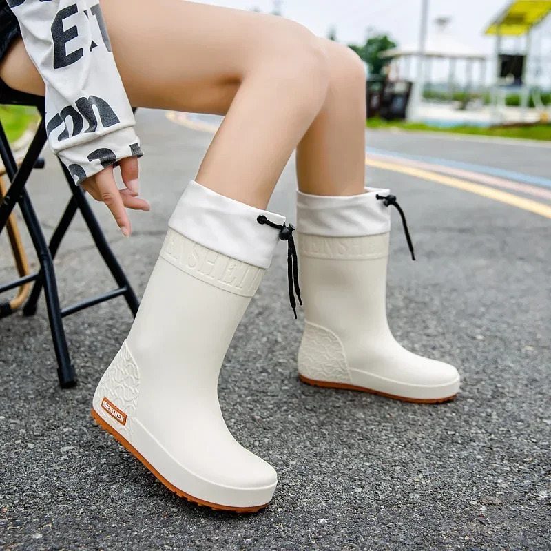 Mid Calf Womens Rain Fashion Winter Outdoor Thicken Warm Anti Slip Ladies Hiking Boots PVC Waterproof Woman Water Shoes