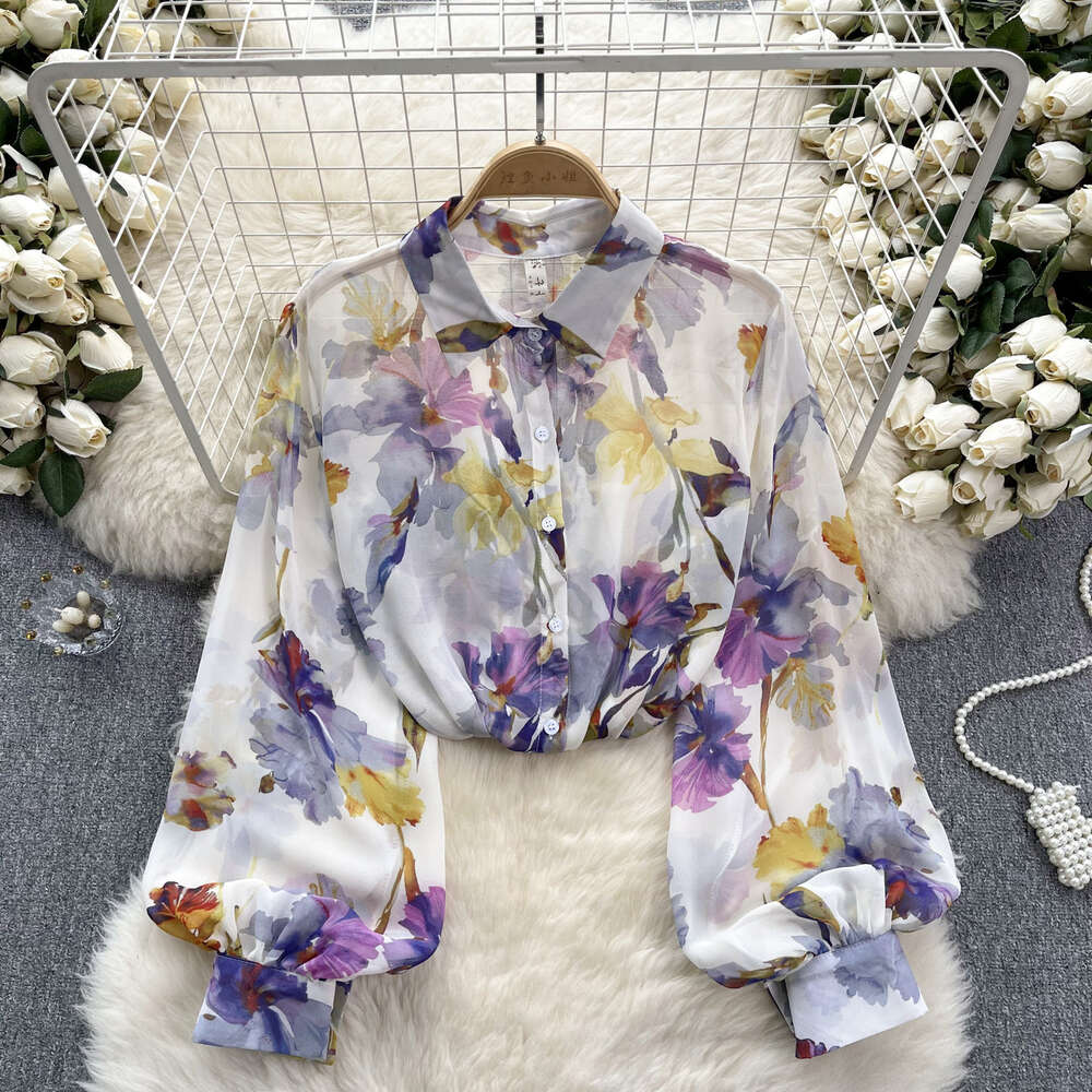 Spring Shirt Womens 2024 New Spring Thin Design with Printed Chiffon Shirt Fashionable and Versatile Top Womens Fashion