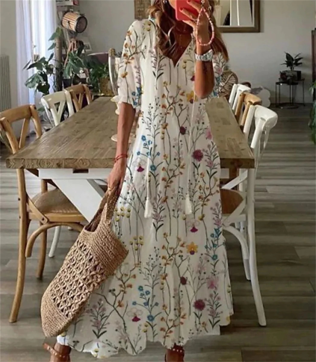 Women Elegant Boho Printing Long Dress Casual Half Sleeve V Neck Loose Maxi Dress Female Holiday Beach Sundress Tie Up Vestidos 240529