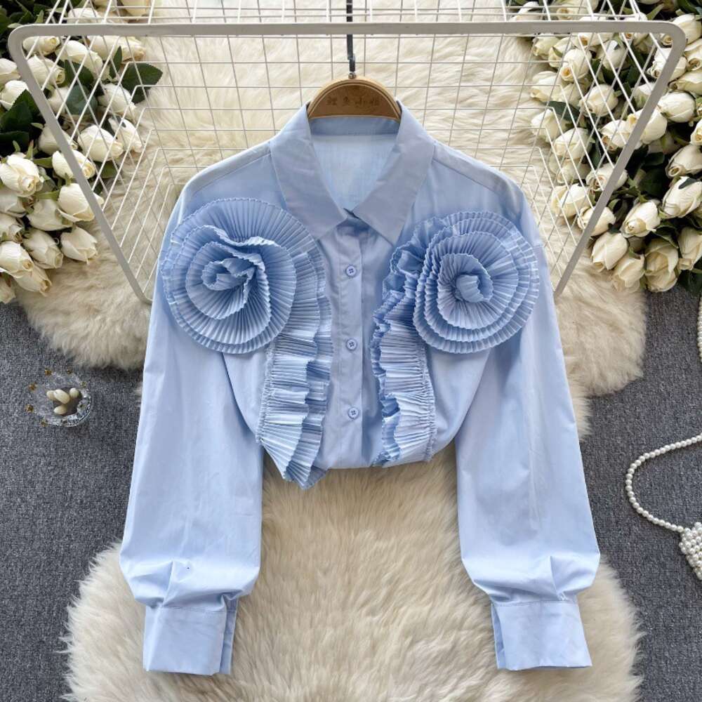 European style shirt womens design with pressure pleats three-dimensional floral and ruffled edges loose and slimming and versatile bubble sleeve top 