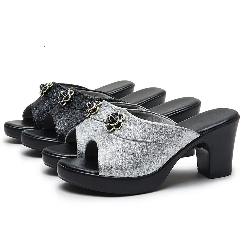 GKTINOO Summer Womens Slide Sandals 2024 High Heels 5cm Fashion Platform Genuine Leather Slide Womens Shoes Anti slip Casual 240606