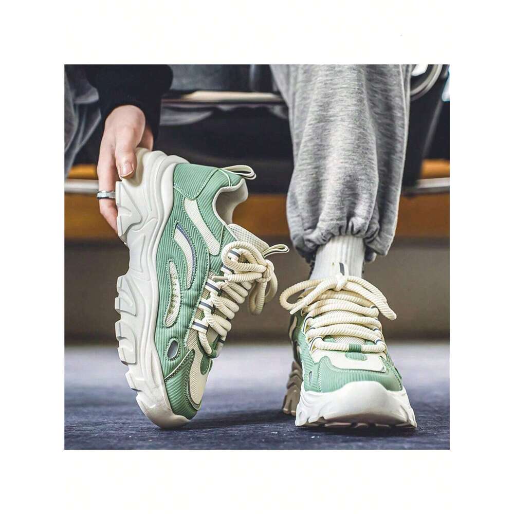 Ddmyoutdoor Men S Trendy Casual Sports Chunky Shoes Fashionable Breathable Lightweight Walking Shoes With Lace Green Colormatch
