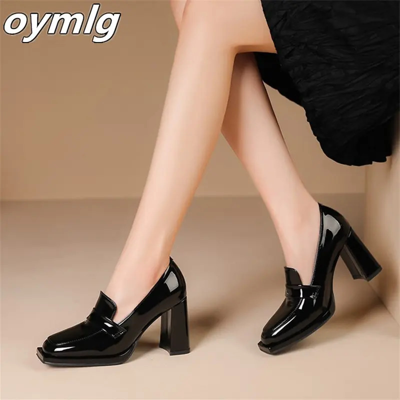 Square head thick heel patent leather single shoes for womens small leather shoes in autumn Black deep mouth high heels 240606