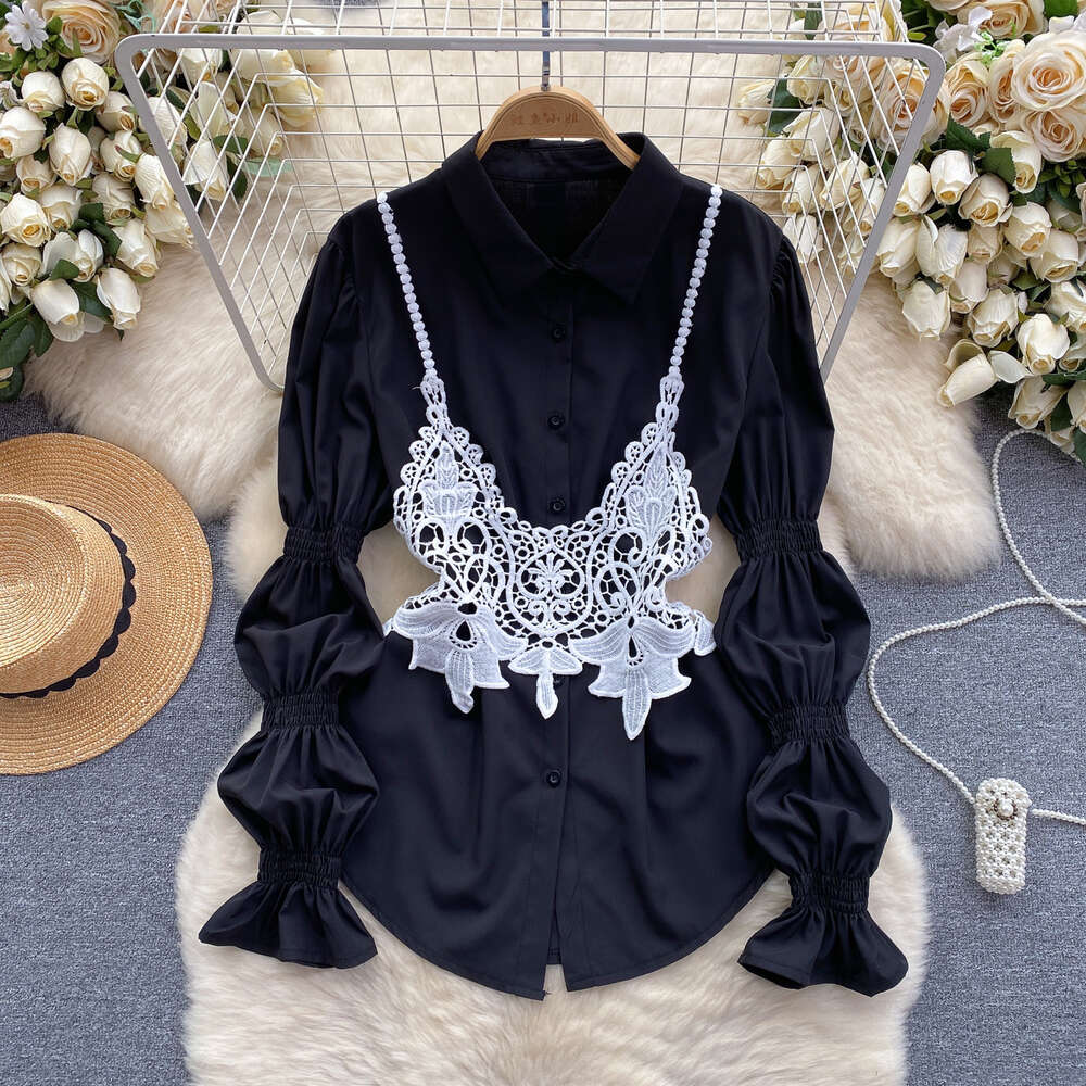 Chic crochet suspender vest fashionable and versatile with bubble sleeve shirt design two piece set