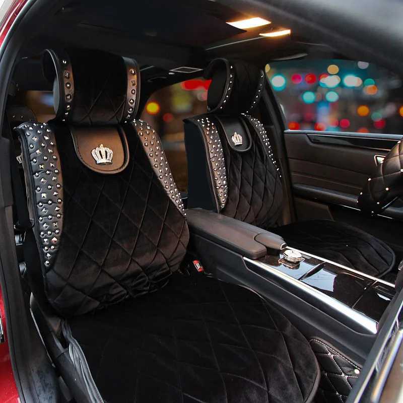 Seat Cushions Fashion Rivet Plush Car Seat Covers Top Quality Diamond Crown Auto Seat Cushion For SUV Trucks Car Front Seat Mats Accessories T240606