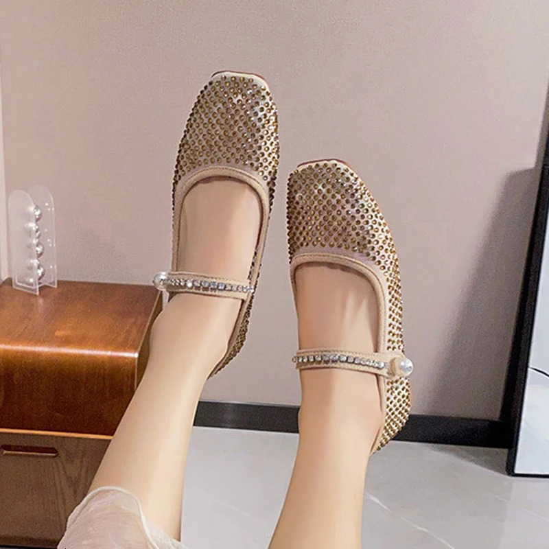 Full Diamond Air Mesh Ballet Shoes Womens Square Toes Mary Jens Crystal Apartments Ladies Bride Wedding Slippers Dance Shoes 240606