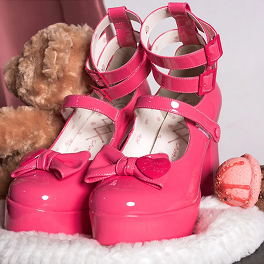 Lapolaka womens bow decoration bulky high heel pump Lolita ankle strap pump 240606