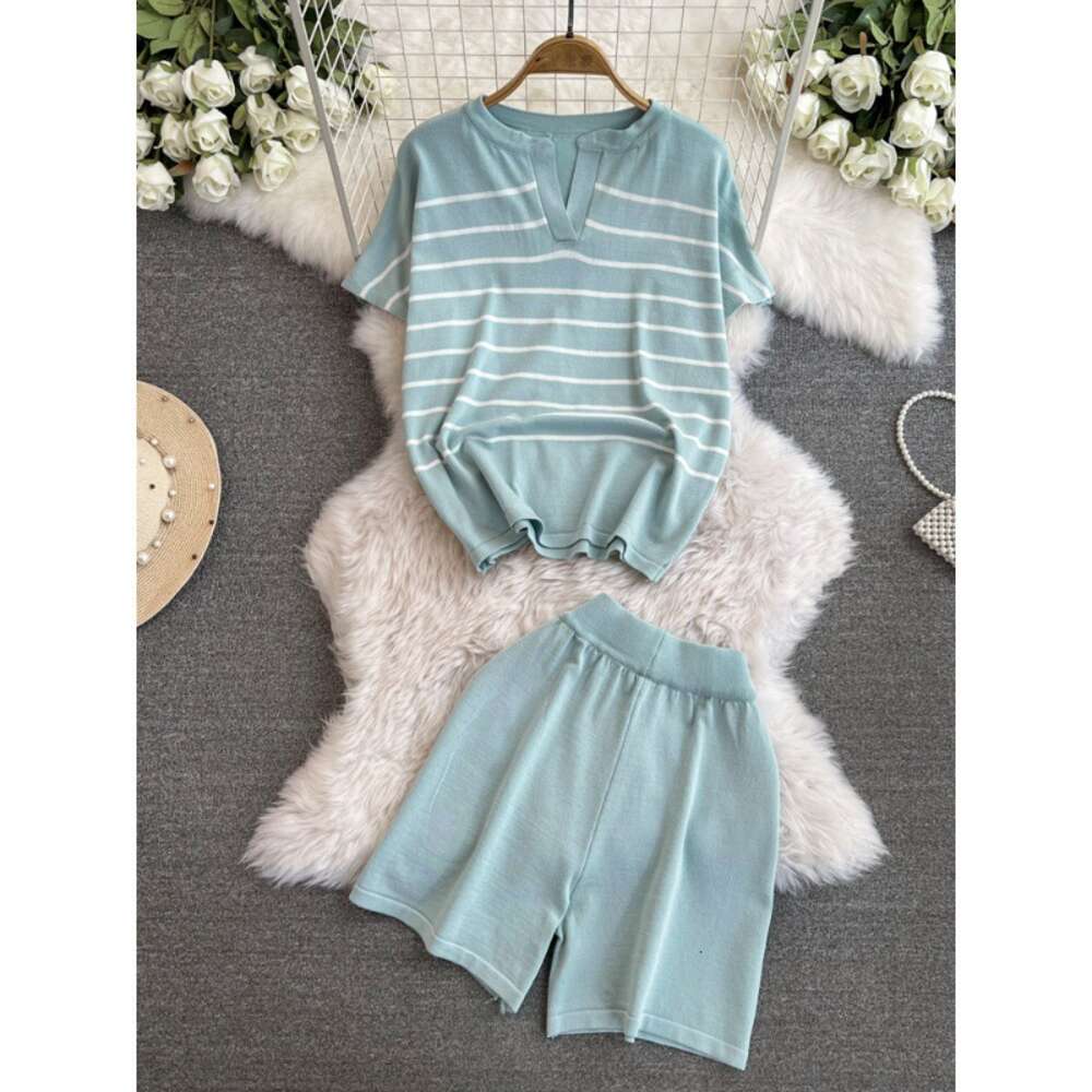 2024 Summer New French Style Striped Knitted Shirt Fashion Casual Small Wide Leg Shorts Two piece Set for Women