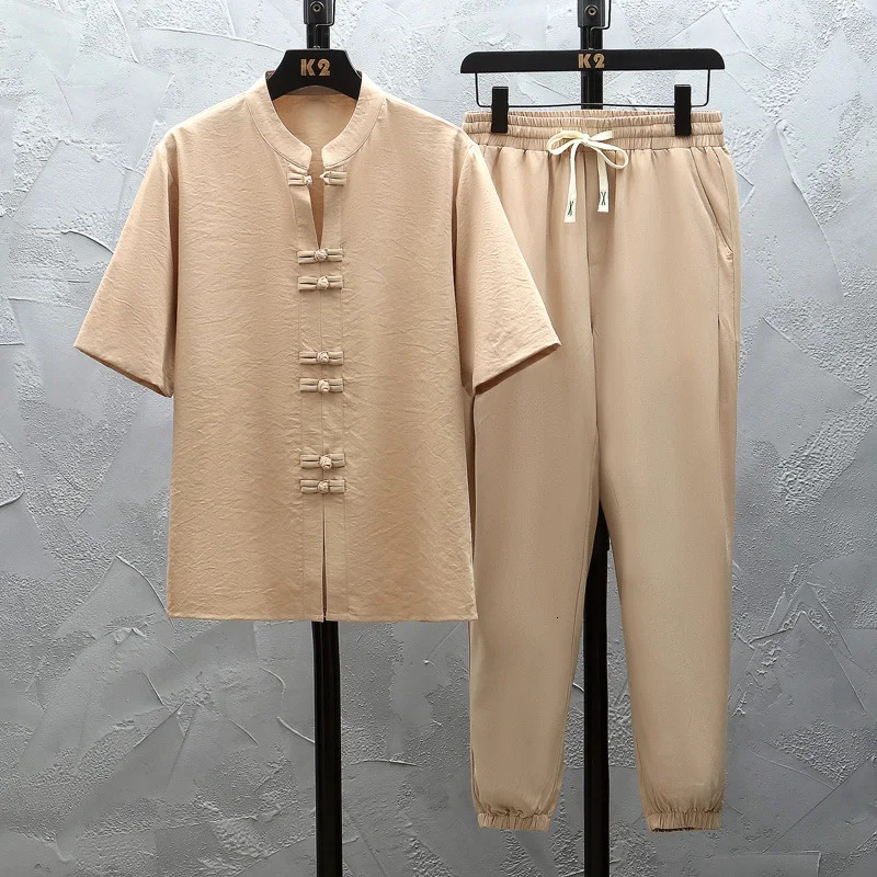 Cotton Linen Shirtspants Sets Summer Sportswear Mens Casual Spring Male Fashion Trousers and Shirts Men Size M-5XL 240530