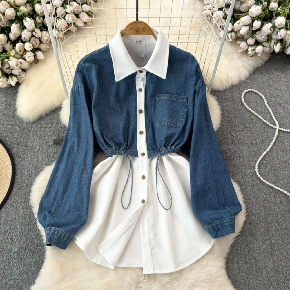 2024 Spring and Autumn Korean version fake two-piece long sleeved denim patchwork lapel waist tied shirt womens casual and stylish top