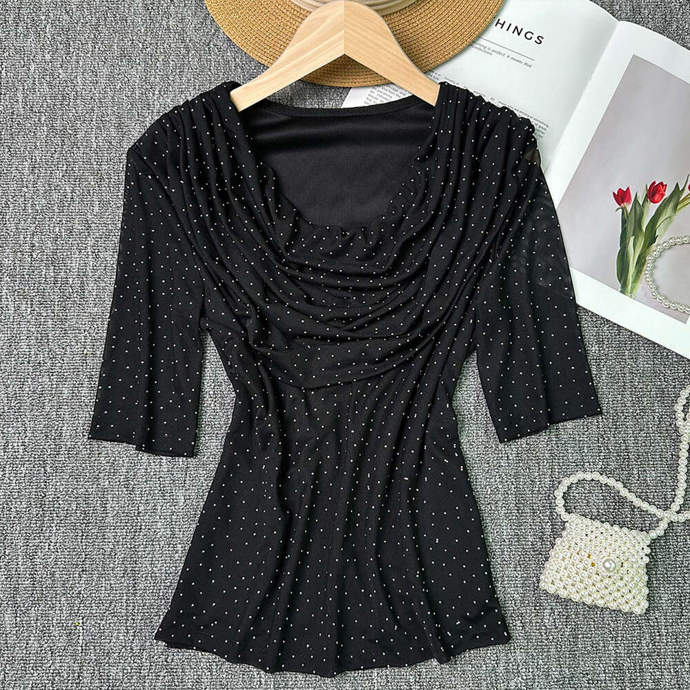 Top Summer Womens Light Luxury Heavy Industry Hot Diamond Slim Fit Short Sexy Perspective Mesh Bottom T-shirt