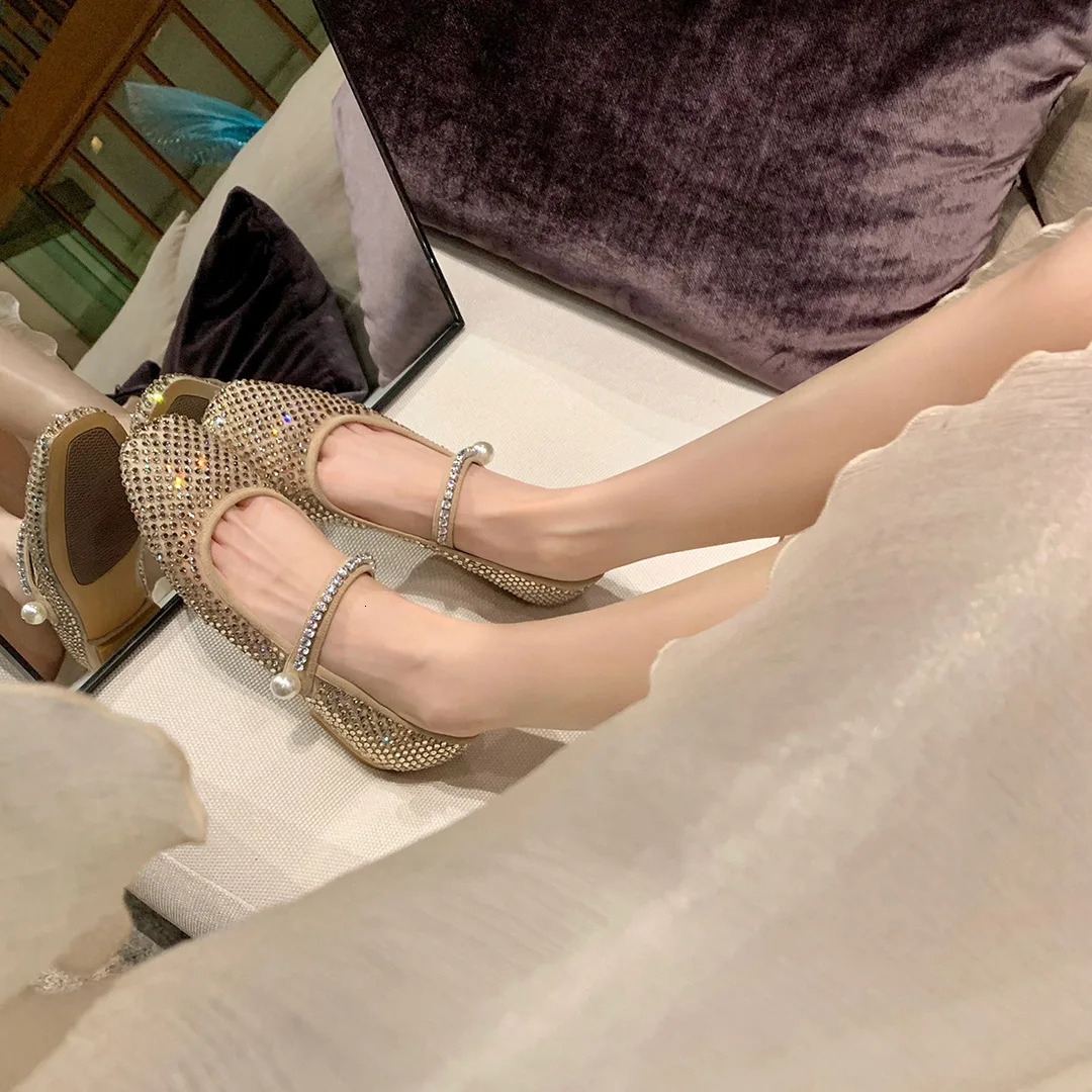 Full Diamond Air Mesh Ballet Shoes Womens Square Toes Mary Jens Crystal Apartments Ladies Bride Wedding Slippers Dance Shoes 240606