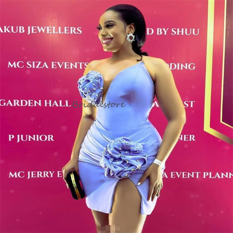 Sexy Lilac Short Prom Dresses With Handmade Flowers Elegant Mini Short Black Girls Evening Dress 2024 High Slit Cocktail Party Wear Satin Formal Cerem