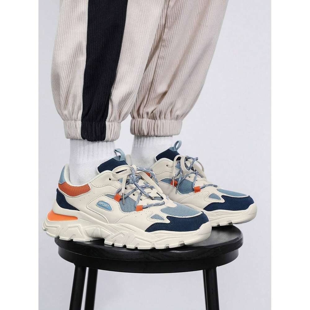 Men's Double Lace-up Unique Front Tie Design Peculiar Color Blocking Thick Bottom Chunky Sneakers