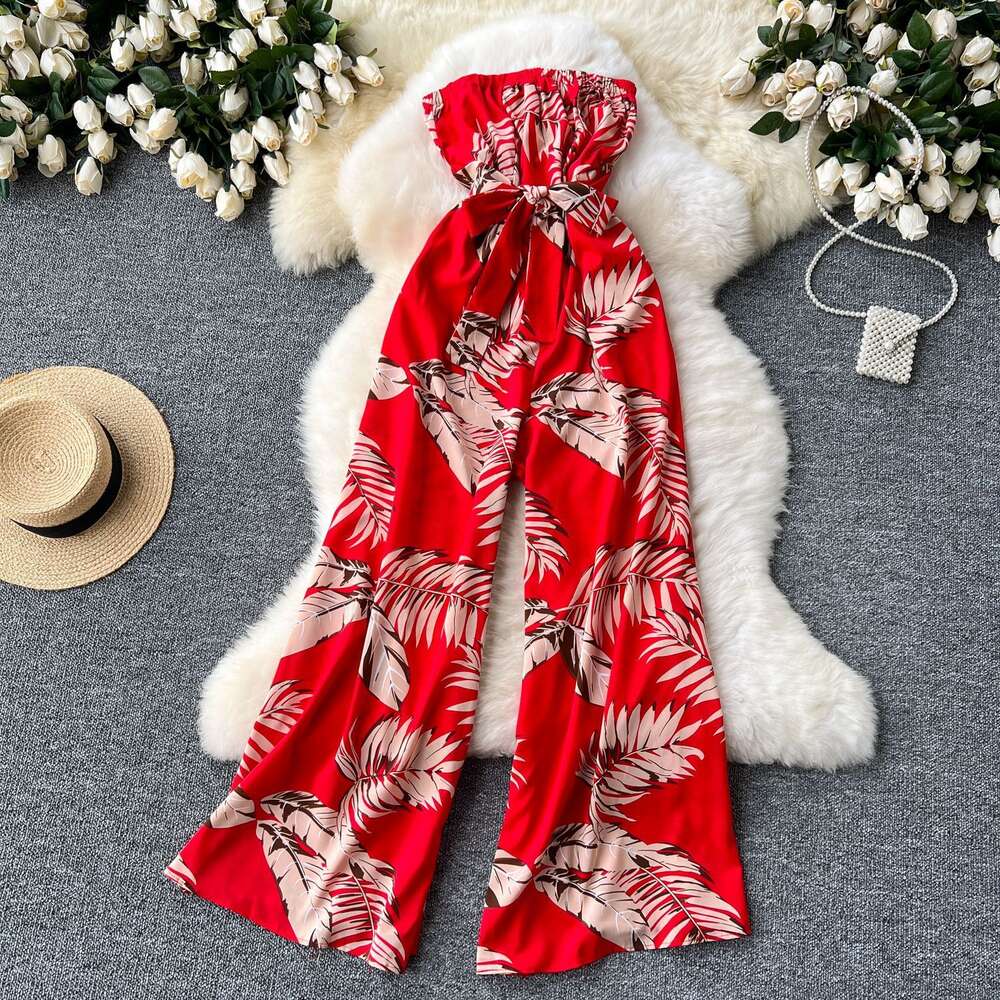 Instagram vacation jumpsuit for women light mature style waist strap one line collar strapless long casual printed pants
