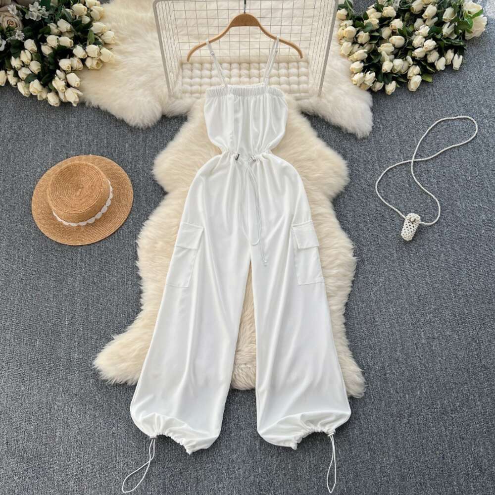 Korean style outfit with reduced age college style camisole jumpsuit for womens workwear large pocket slim fit long wide leg pants