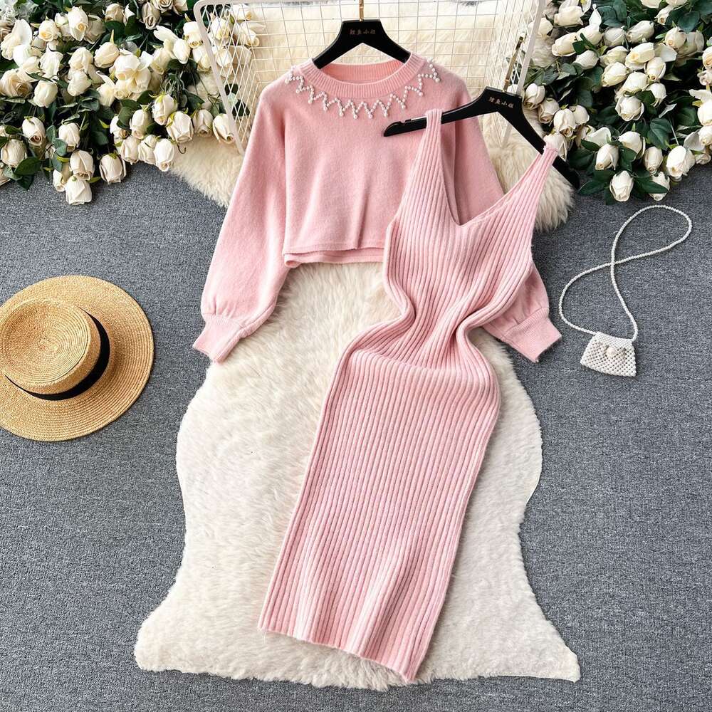 Autumn and Winter French Light Luxury High Grade Loose Knitted Round Neck Top+Strap Dress Two Piece Set for Women