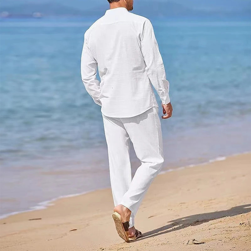 Casual Cotton Linen Men Two Piece Set Autumn Solid Color Long Sleeve Shirt And Long Pant Set Holiday Beach Loose Mens Outfits 240530