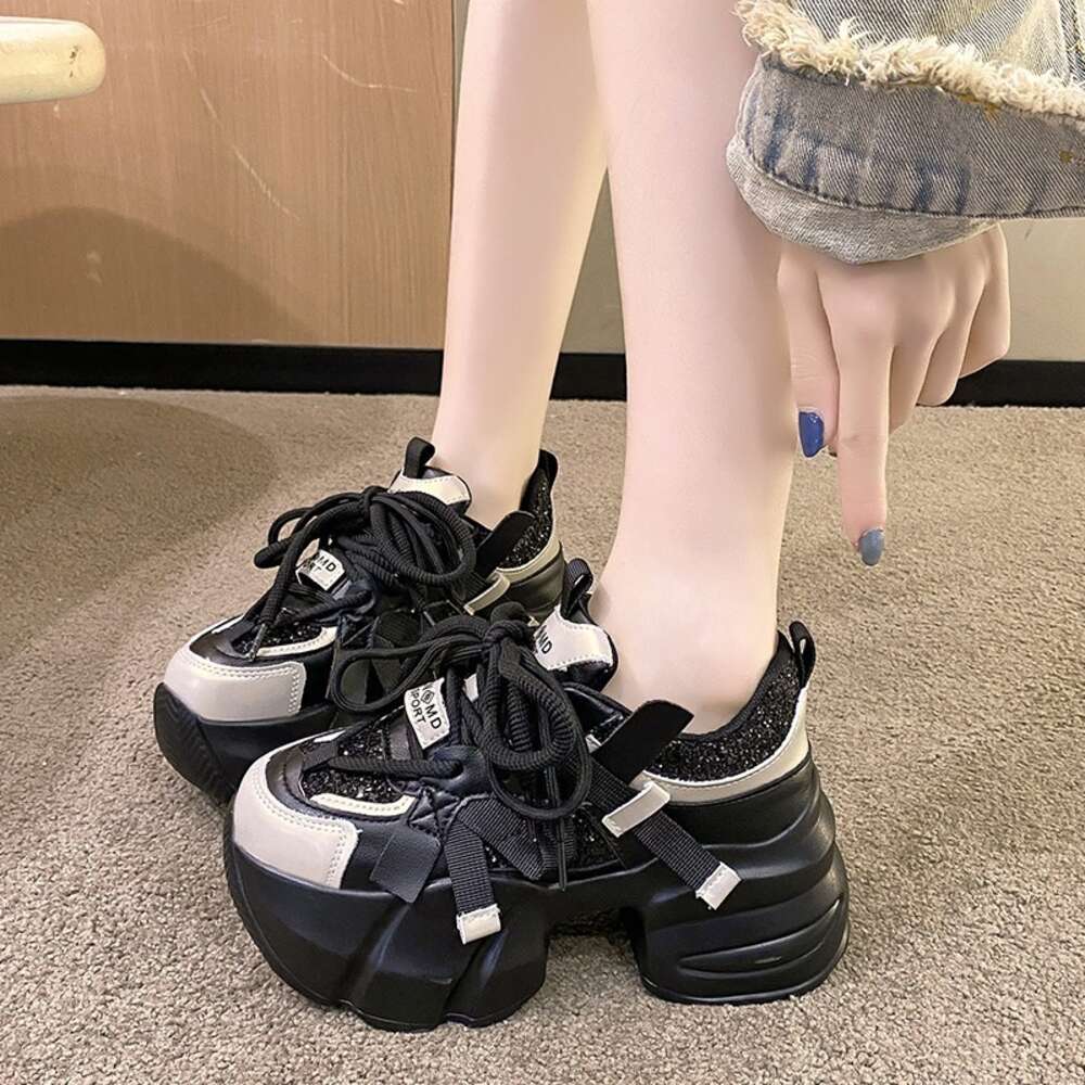 ddmytiger 2024 New Women Spring Chunky Sneakers Thick Bottom Leather High Platform Vulcanize Bling Casual Sports Dad Shoes 7CM