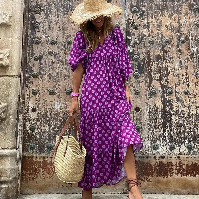 Puff Sleeve Boho Maxi Dress Elegant Women Summer Casual Floral Drawstring V-Neck Loose Holiday Beach Dresses Party Vestidos 240529
