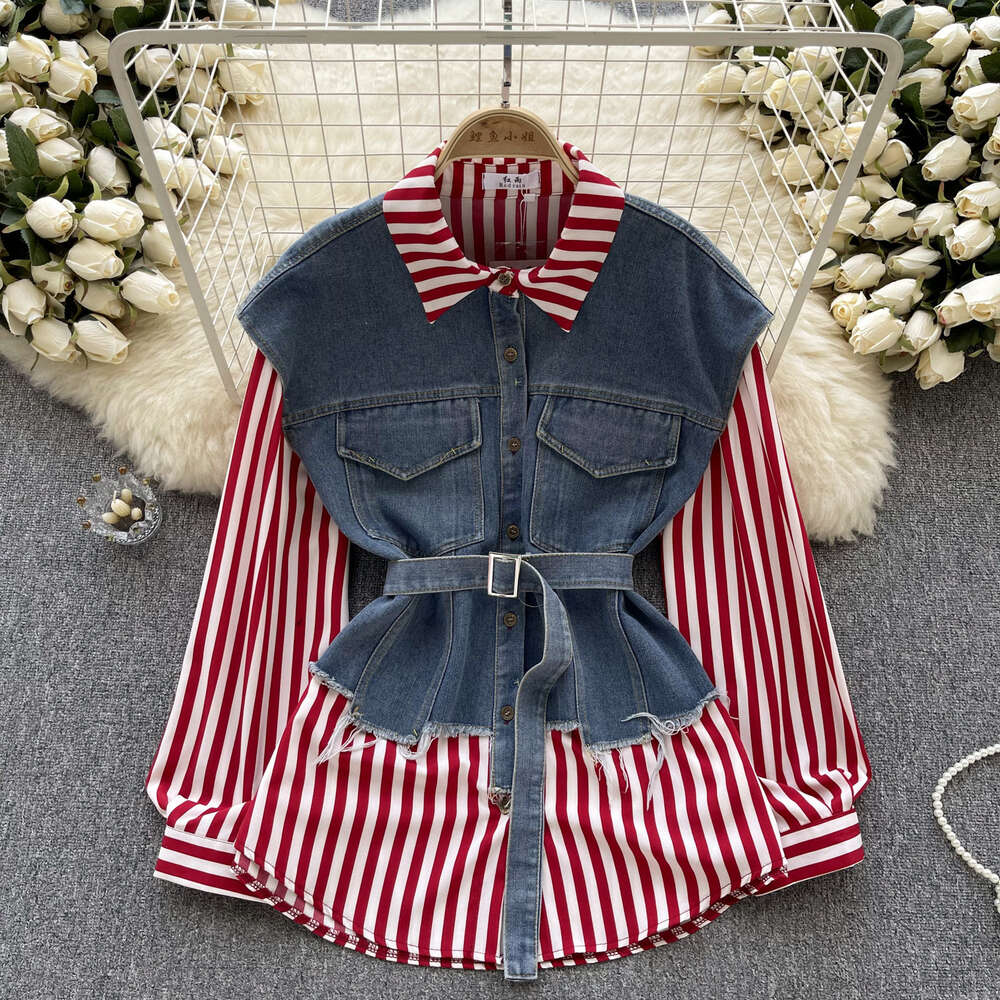 Fashionable Long Sleeve Fake Two Piece Top Womens Lace Up Waist Relaxed Loose Versatile Denim Spliced Striped Shirt