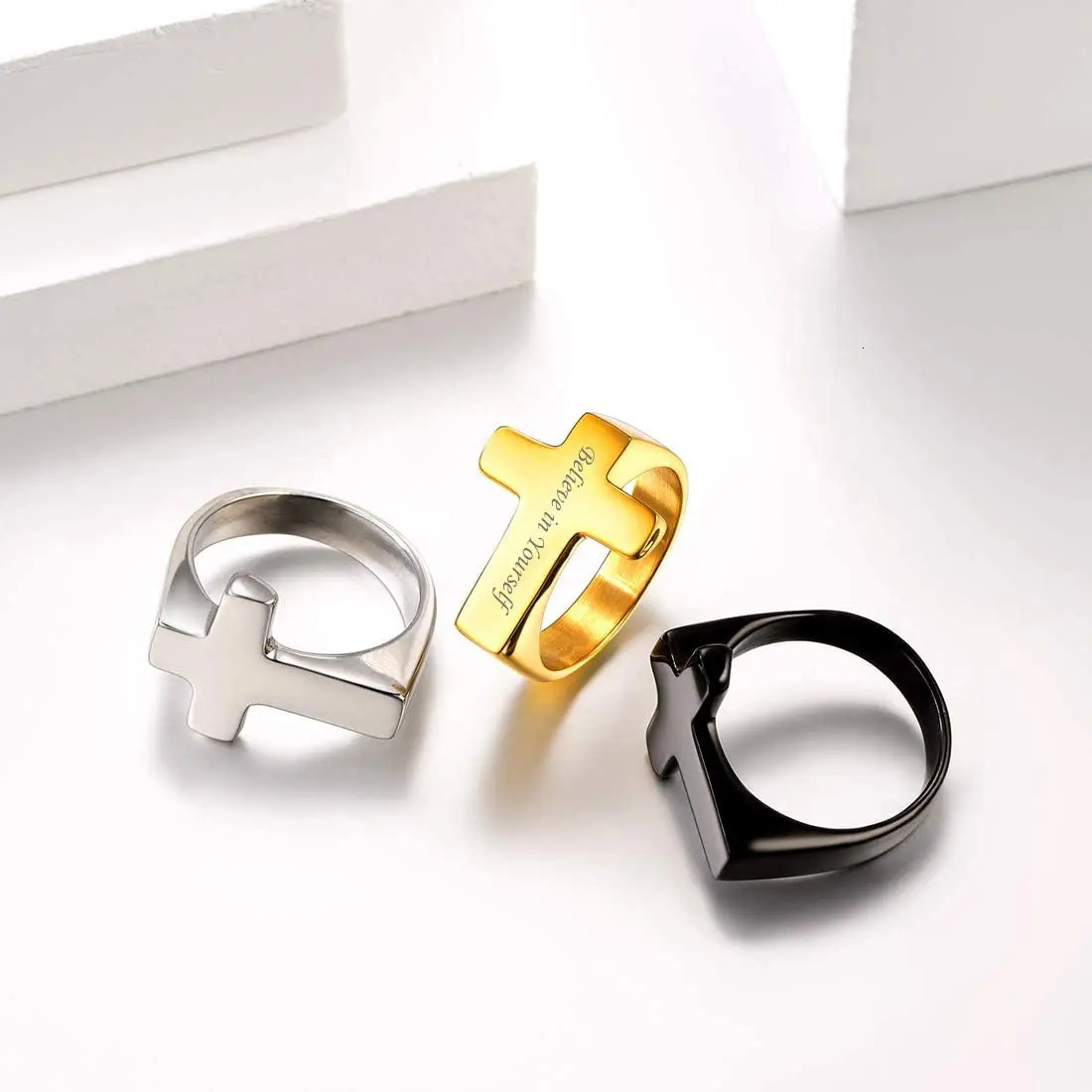 U7 Men Rings Statement Signet Cross Band Ring Gold Color Solid Polished Biker Rings Custom Message Text 240530
