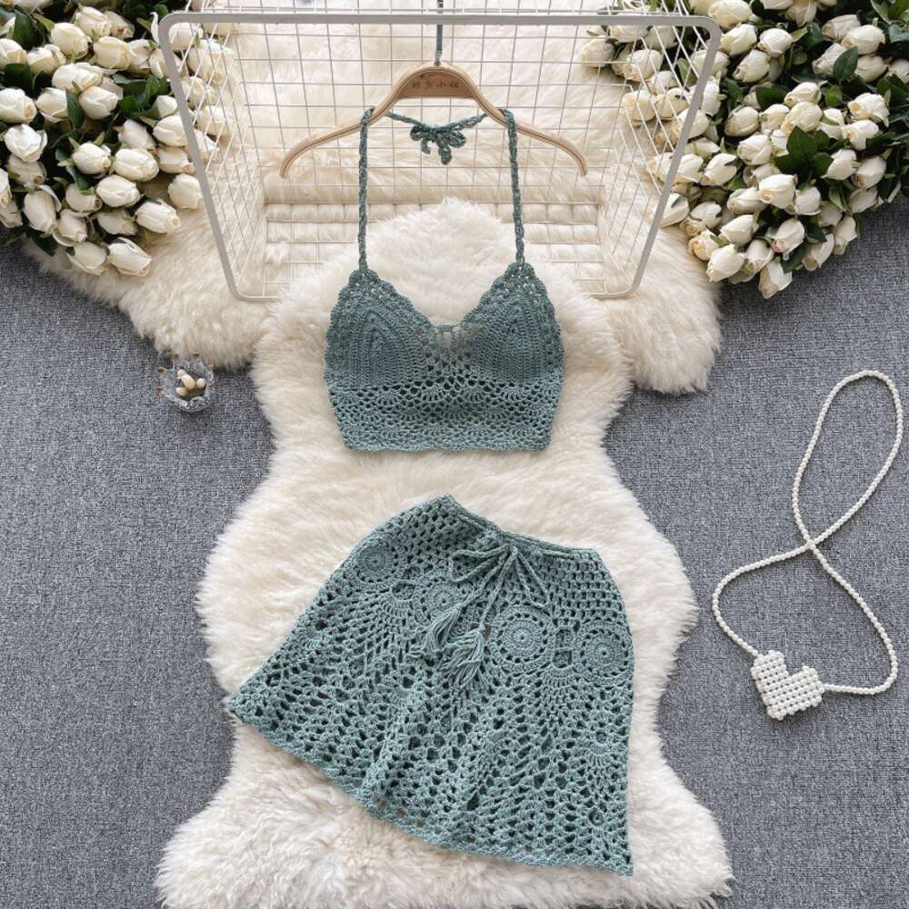 Beach resort style knitted camisole strapless hollowed out small vest+high waisted skirt spicy girl two-piece set for women