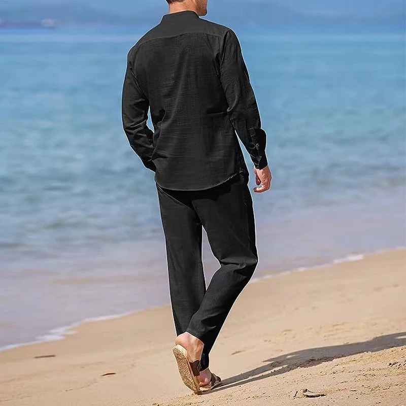 Casual Cotton Linen Men Two Piece Set Autumn Solid Color Long Sleeve Shirt And Long Pant Set Holiday Beach Loose Mens Outfits 240530