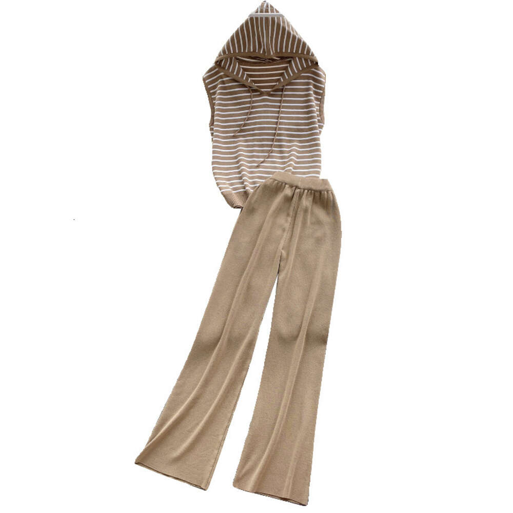 Korean casual outfit womens striped hooded knit top loose and versatile wide leg pants two-piece fashion set