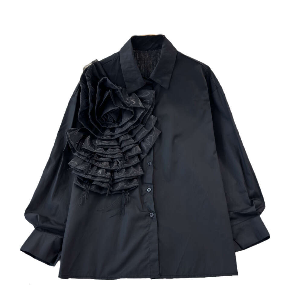 Fashionable socialite temperament design sense long sleeved three-dimensional flower Polo collar loose single breasted shirt for womens casual top