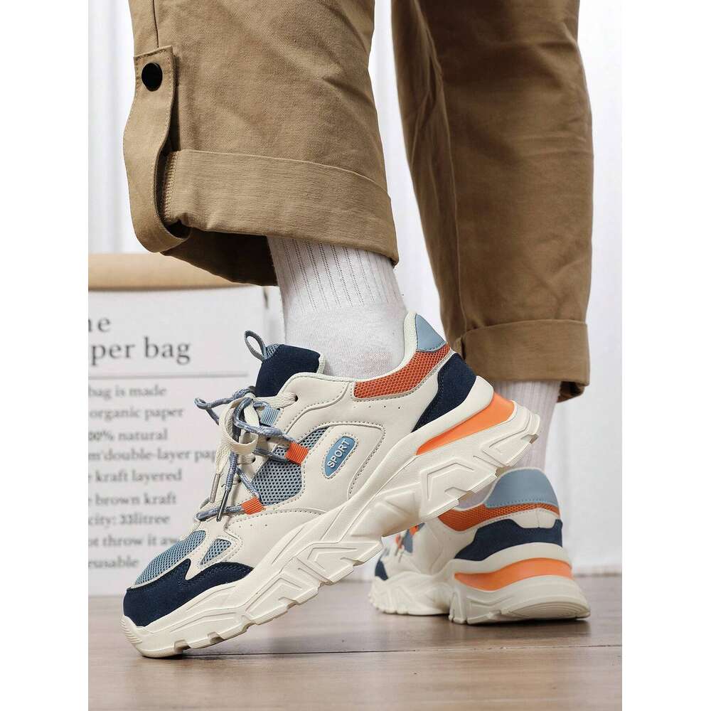 Men's Double Lace-up Unique Front Tie Design Peculiar Color Blocking Thick Bottom Chunky Sneakers