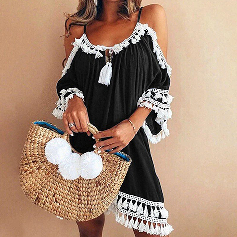 Spring Tassel Mini Dress Summer Boho Beach Off Shoulder Vintage Dress Women Casual Half Sleeve Solid Loose Dresses Female 240529