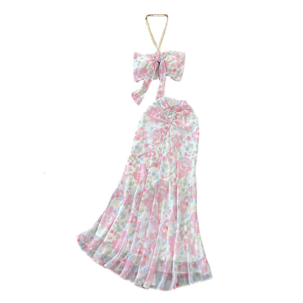 Fashionable set seaside vacation strapless camisole two-piece set high waisted wrap buttocks fishtail floral chiffon skirt