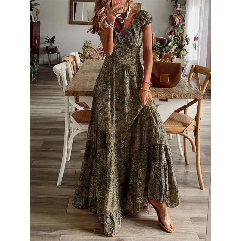 Boho floral print ruffle neck long dress-WOMENS summer swing dress 240529
