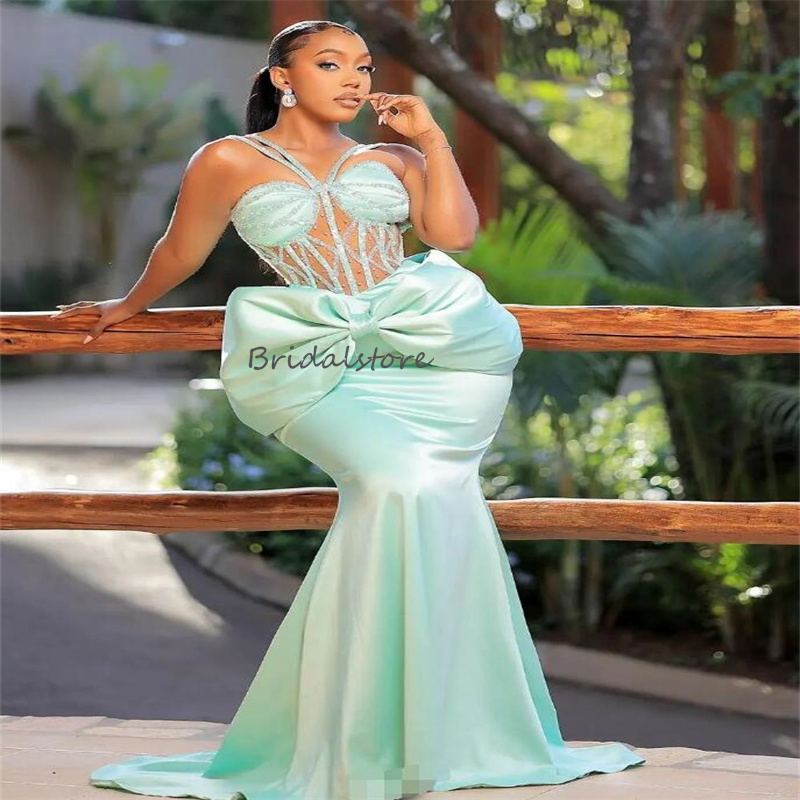 Beautiful Mint Green Mermaid Prom Dresses For Black Girls Beaded Plus Size African Evening Gowns With Big Bow Elegant Birthday Formal Occasion Party G