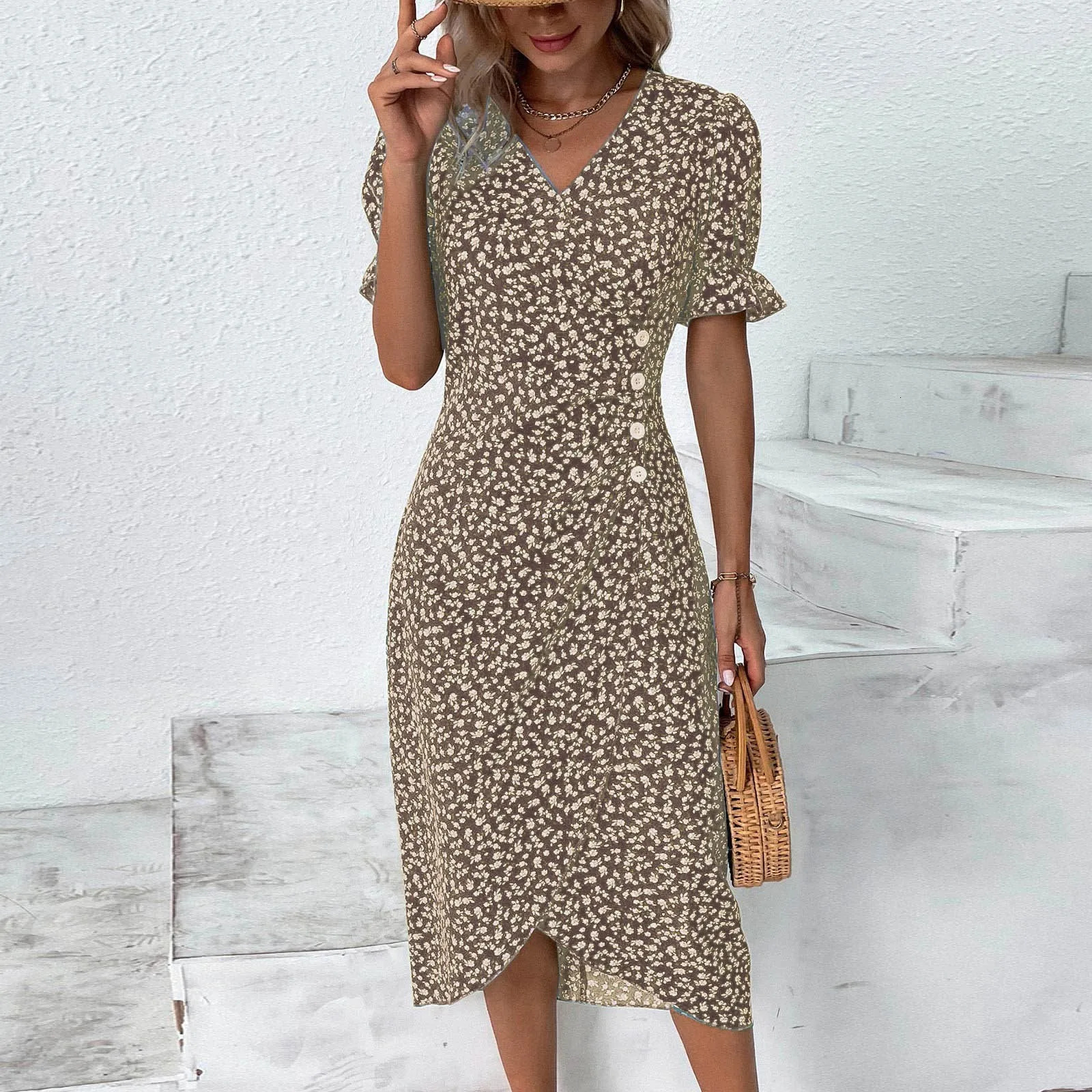 Summer Womens Smocked Dress V Neck A-Line Boho Ditsy Floral Flounce Sleeve Wrap Hem Dress Beach Dresses 240529