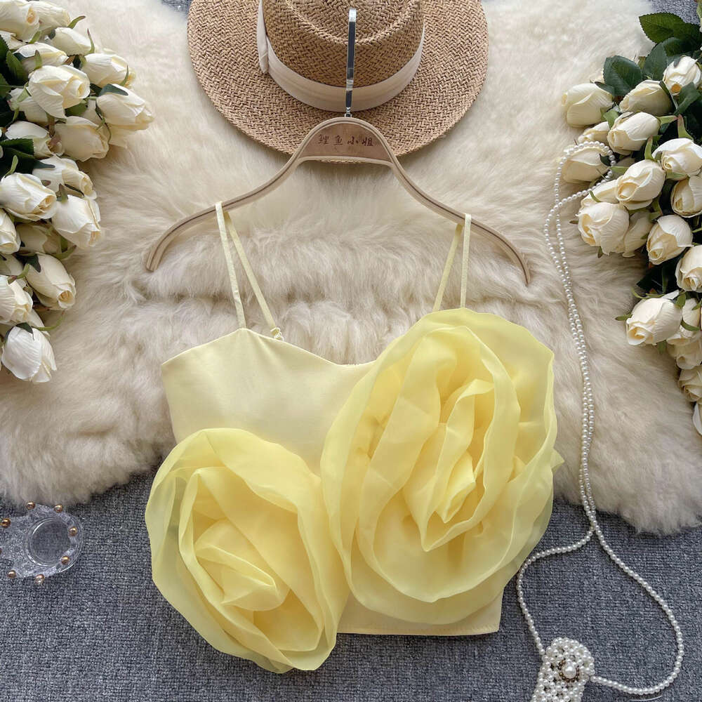 French organza three-dimensional floral camisole vest for womens summer 2024 new pure desire short style slimming vacation top