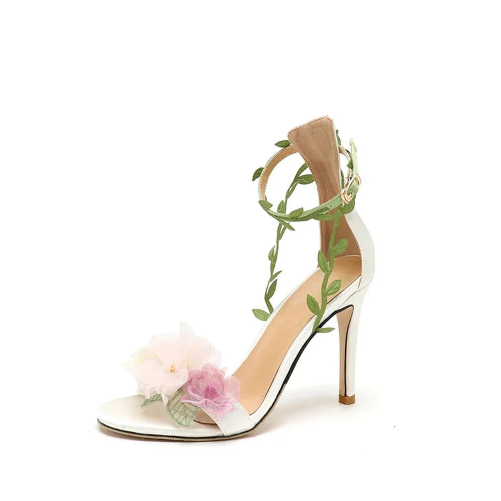 Summer Pink Sweet Chiffon Flower Dream High Heels Lace Up Sandals Wedding Banquet Women's Shoes