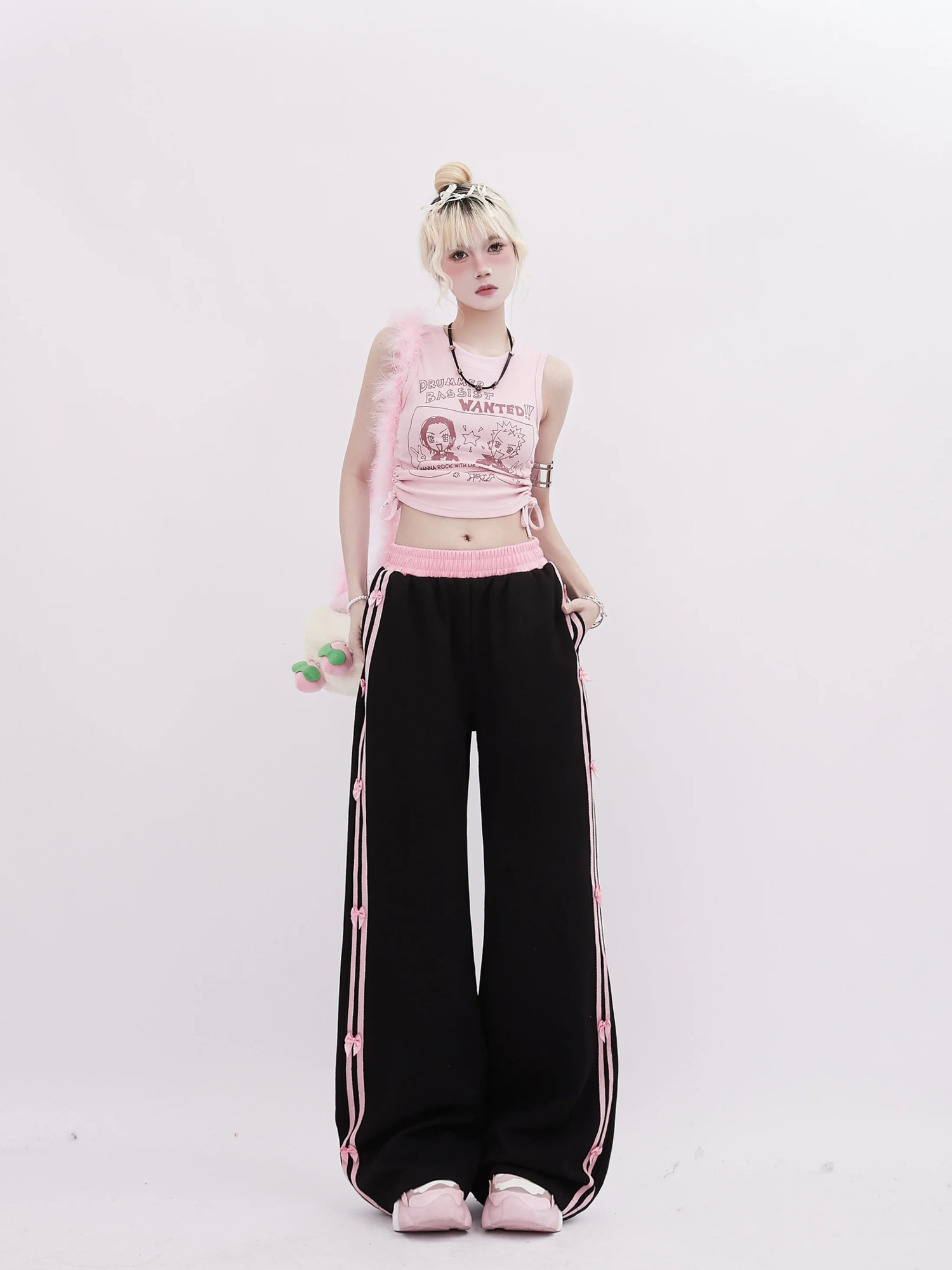 Womens Black Gothic Striped Pants Harajuku Streetwear Sweatpants Jogger Y2k 2000s Aesthetic Bow Pants Vintage Trousers Clothes 240530