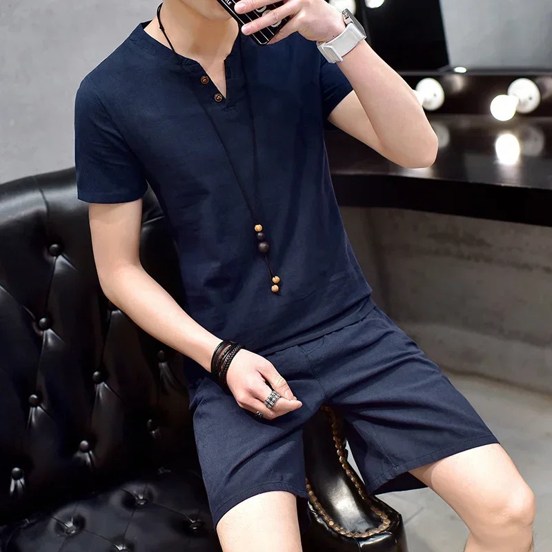 Summer Linen Short Sleeved Comfortable T-shirt for Mens Solid Color V-neck Chinese Style Fashion Casual Set 240530