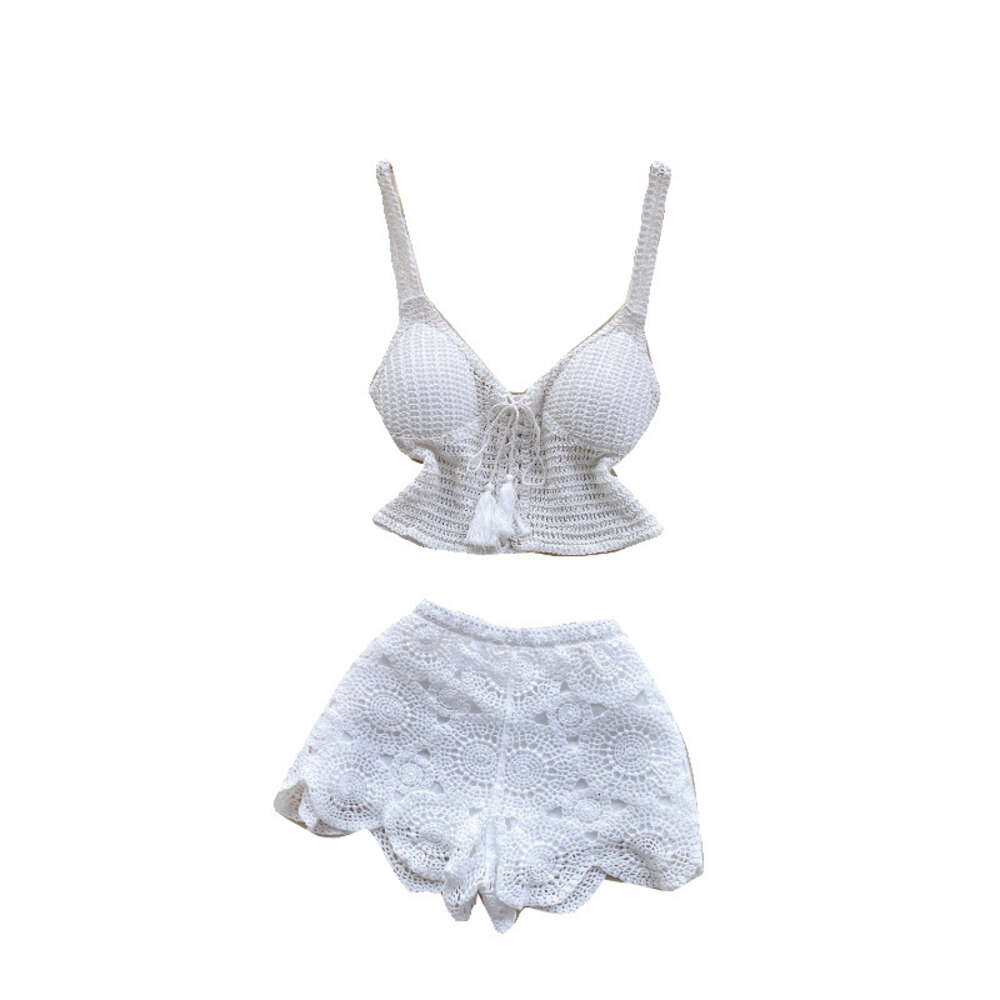 Beach resort style knitted pure desire spicy girl set womens summer camisole vest top+design sense hook flower short pants