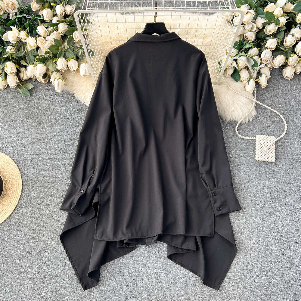 European style large edition design feels irregular and loose slimming out the middle and long size womens long sleeved shirt womens new top