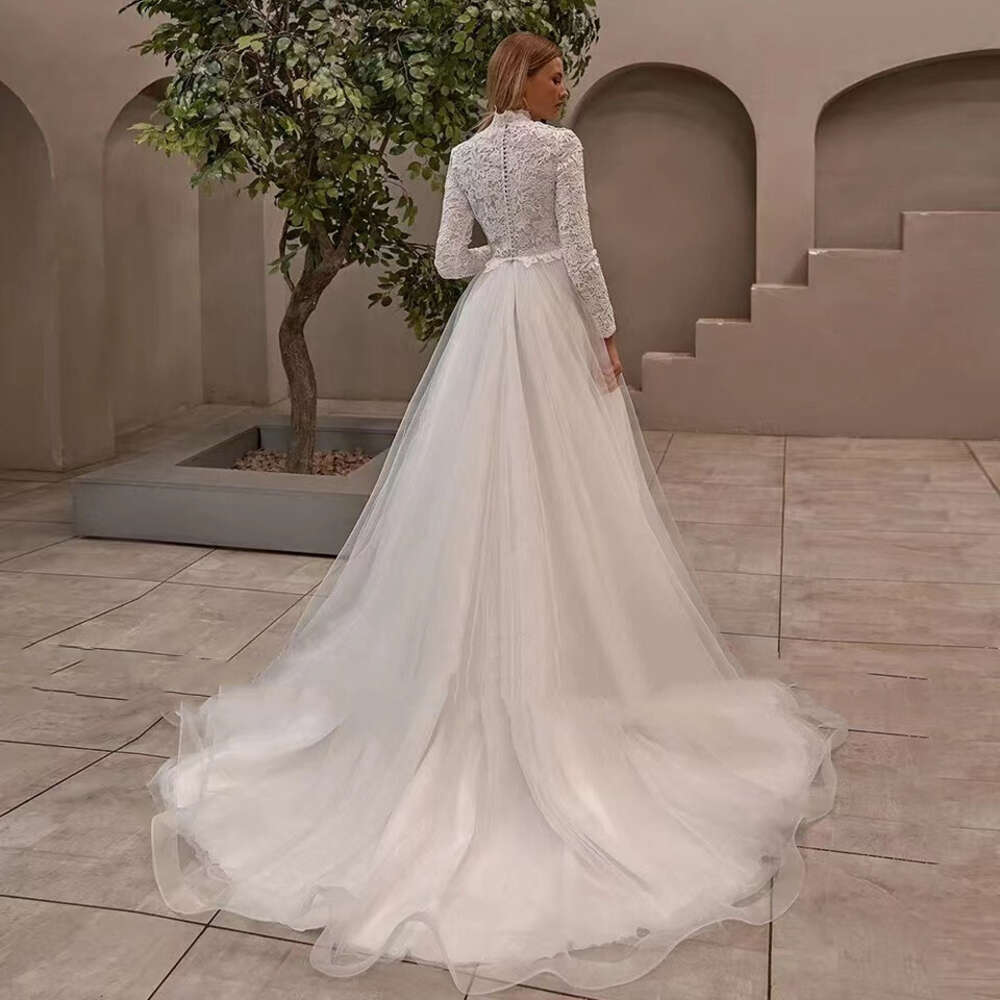 Elegant Muslim Wedding Dresses High Neck Long Sleeves Lace Applique Bride Gowns Custom Made A-Line Robe 2024 0605