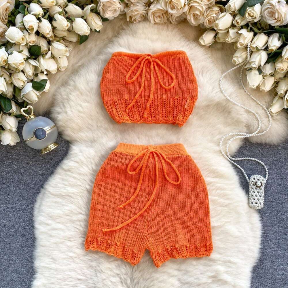 Womens Design Sensory Knitted Shirt with Bra Short Sexy and Versatile Short Spicy Girl Style Two Piece Set Trendy