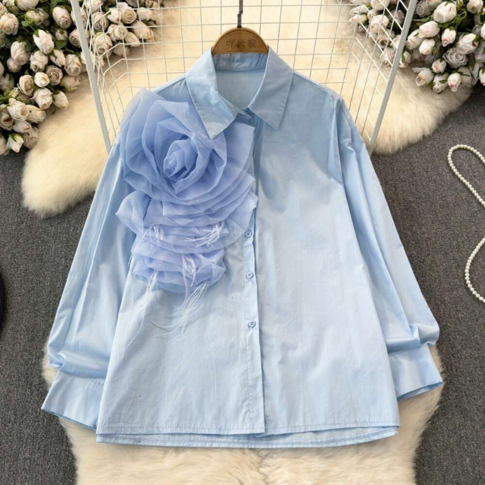 Fashionable socialite temperament design sense long sleeved three-dimensional flower Polo collar loose single breasted shirt for womens casual top