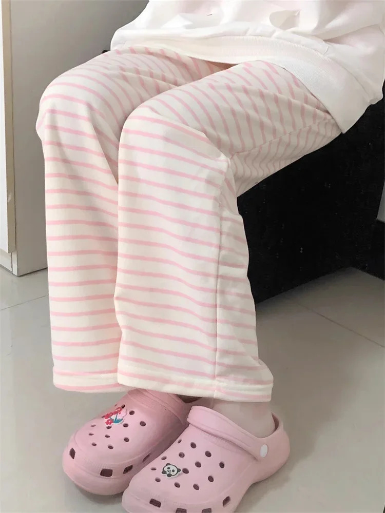 QWEEK Japanese Y2K Striped Sweatpants Women Harajuku Kawaii Sweet Fleece Sports Pants Korean Fashion Cute Girly Basic Trousers 240530