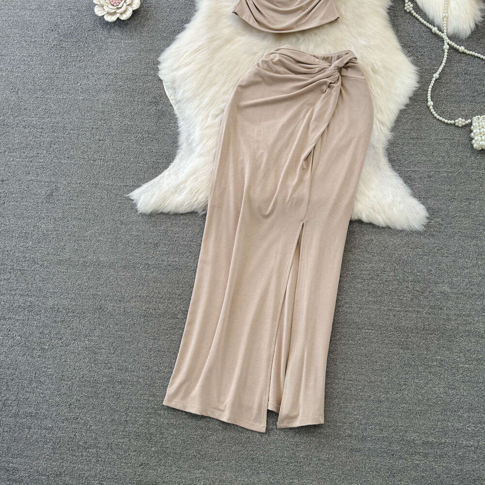 Fashion Set Spicy Girl Slant Neck Off Shoulder Slim Fit Folded Top Two Piece Set High Waist Split Wrap Hip Skirt