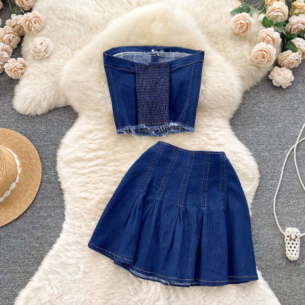 This years popular fashion set spicy girl style sexy strapless versatile short pleated skirt denim two-piece set