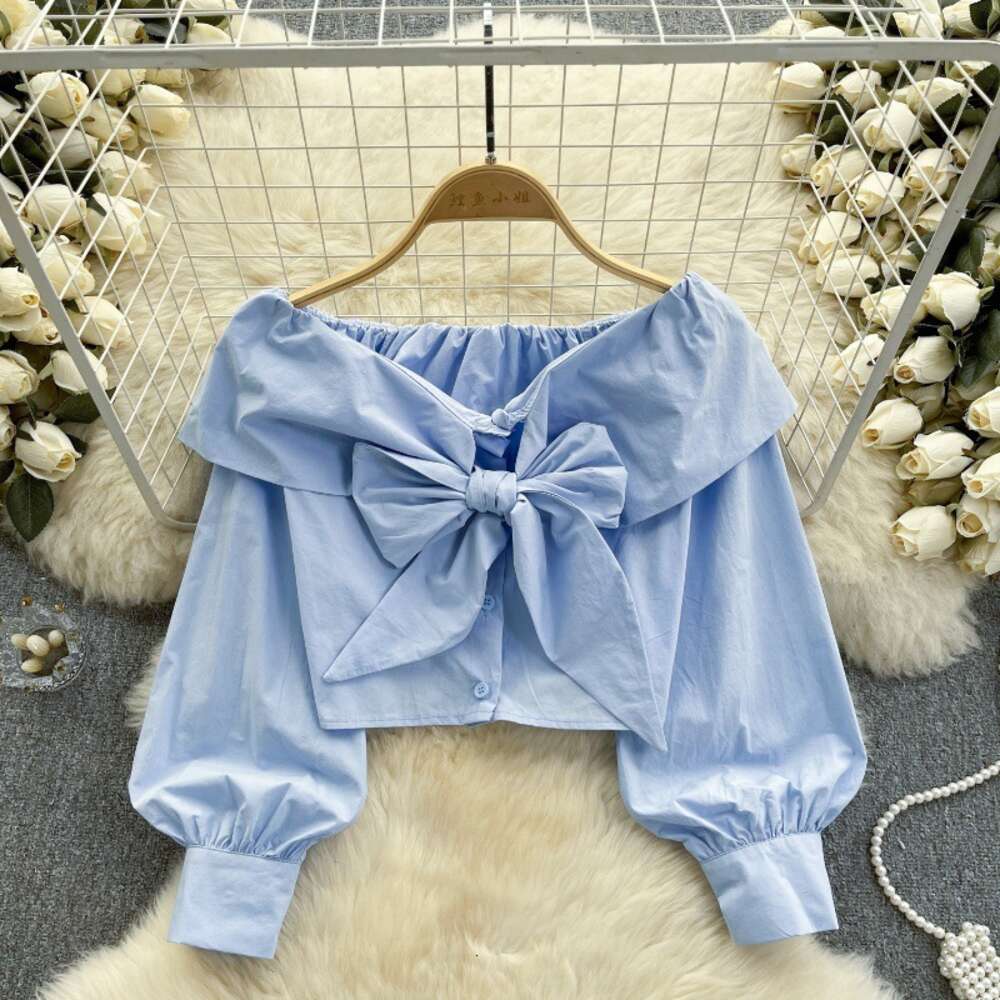 French light luxury style with a sense of luxury one shoulder shirt womens bow lantern sleeves short design niche temperament top